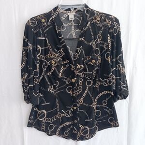Cache Button Down Shirt Women Size M Black Gold Chain Print Roll Tab